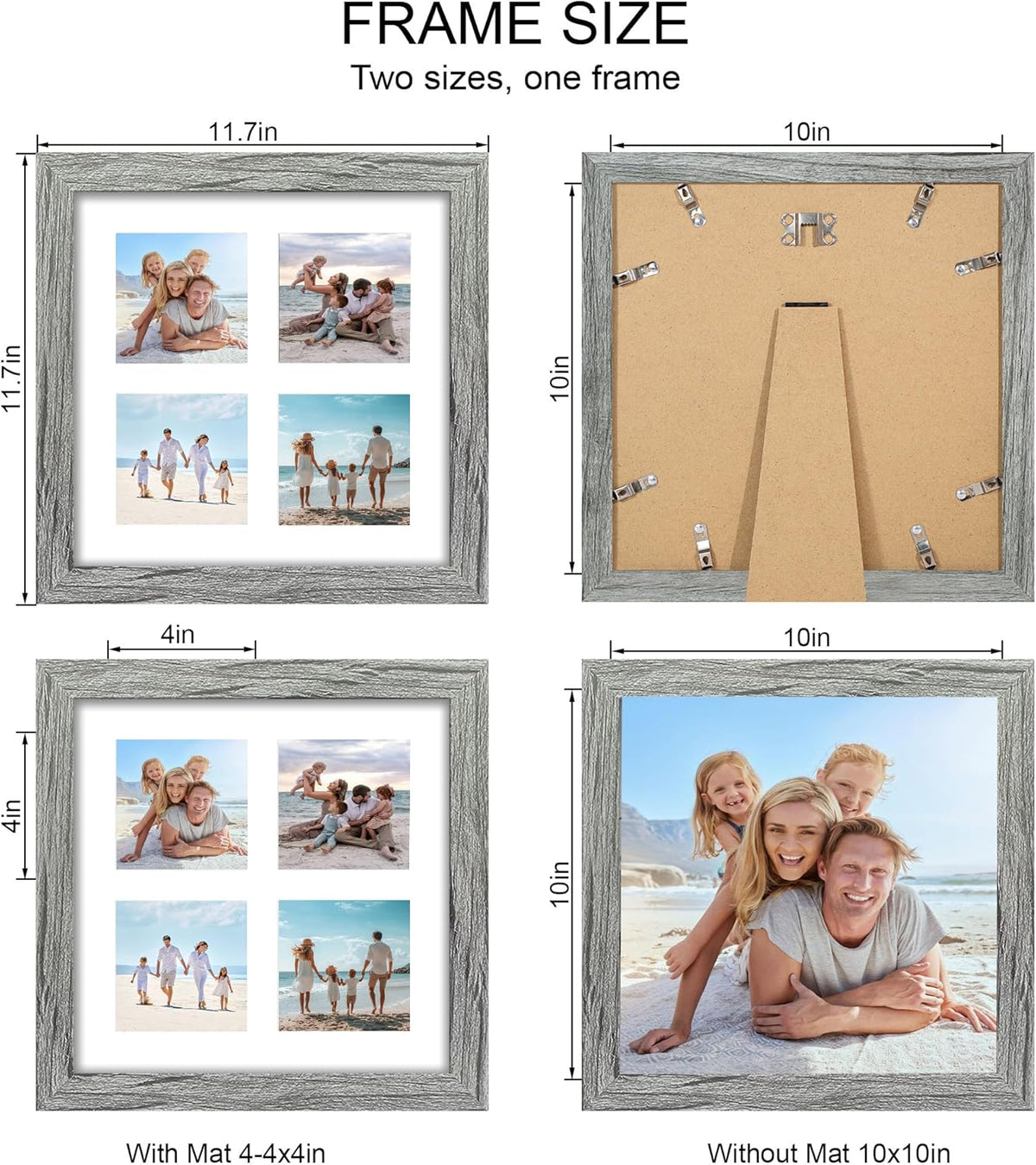 10x10 Picture Frame Set of 2, Real Glass and Grey Collage Frame, Display Pictures Four Opening 4x4