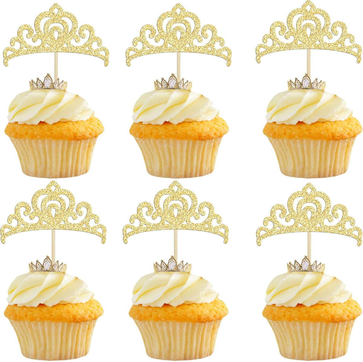 Gyufise 24Pcs Gold Princess Crown Cupcake Toppers Glitter Princess Cake Pick Decorations for