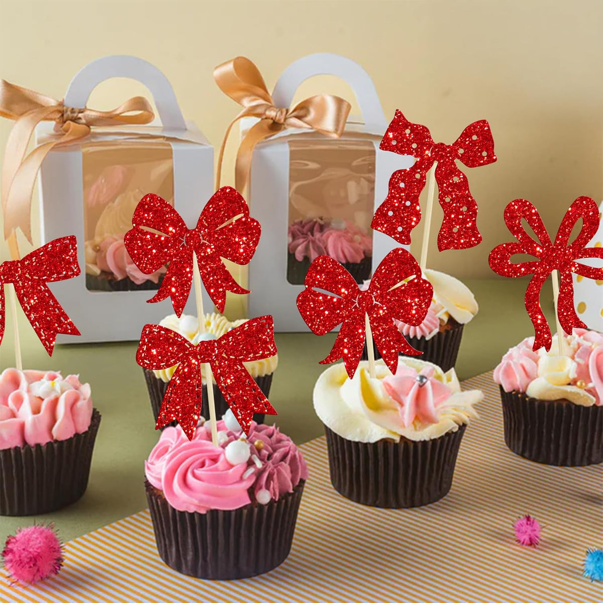 Ephlyn 24Pcs Bow Cupcake Toppers Bow Birthday Cake Topper Girls Birthday Party Decorations Bowknot