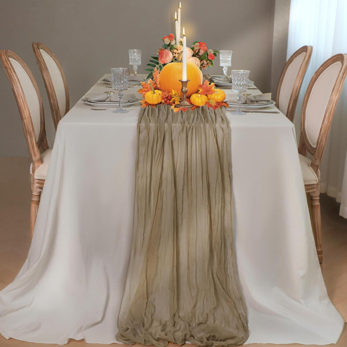 Snowkingdom 6PCS 10 FT Nude Brown Cheesecloth Table Runner, 120 inch Long Cheese Cloth Boho Rustic