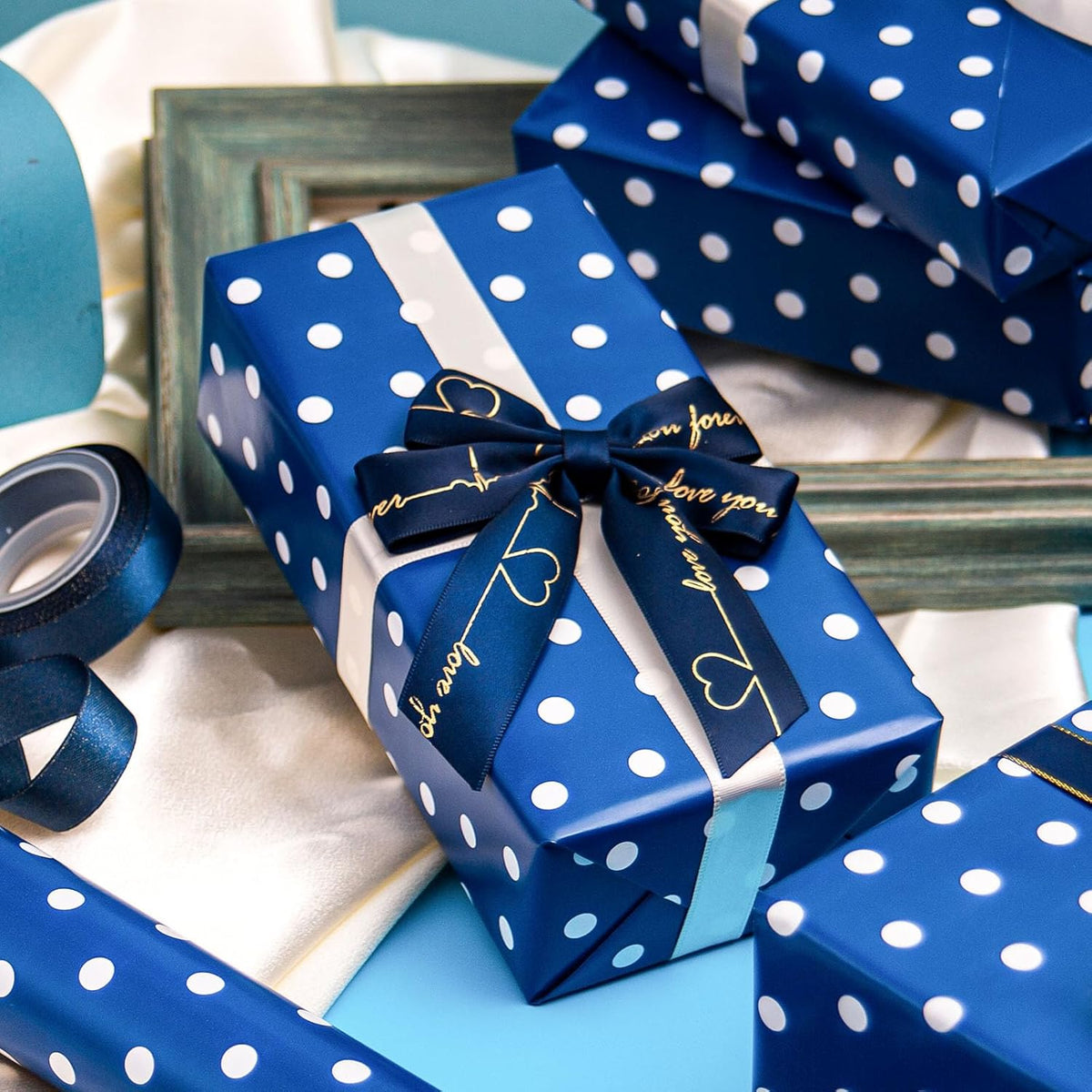 Flyhill Navy Blue Wrapping Paper,Reversible Gift Wrap Paper with Polka Dot Design for Father's