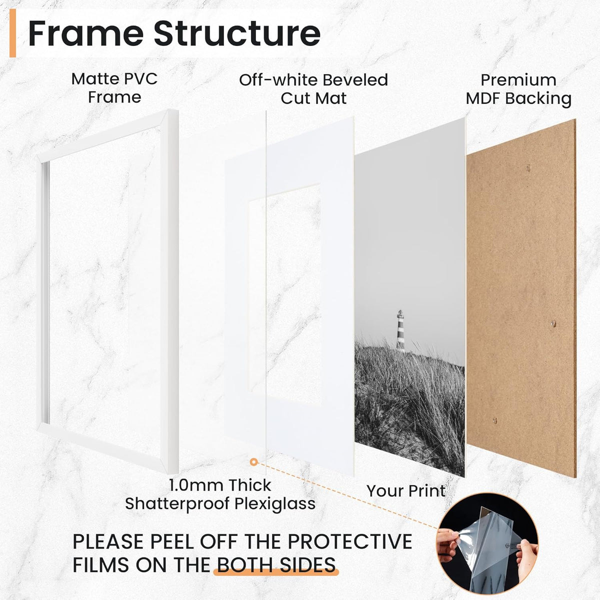 11x14 inch Picture Frame, 11x14 Photo Frames with 8x10 Removable Mat - High Definition Plexiglass