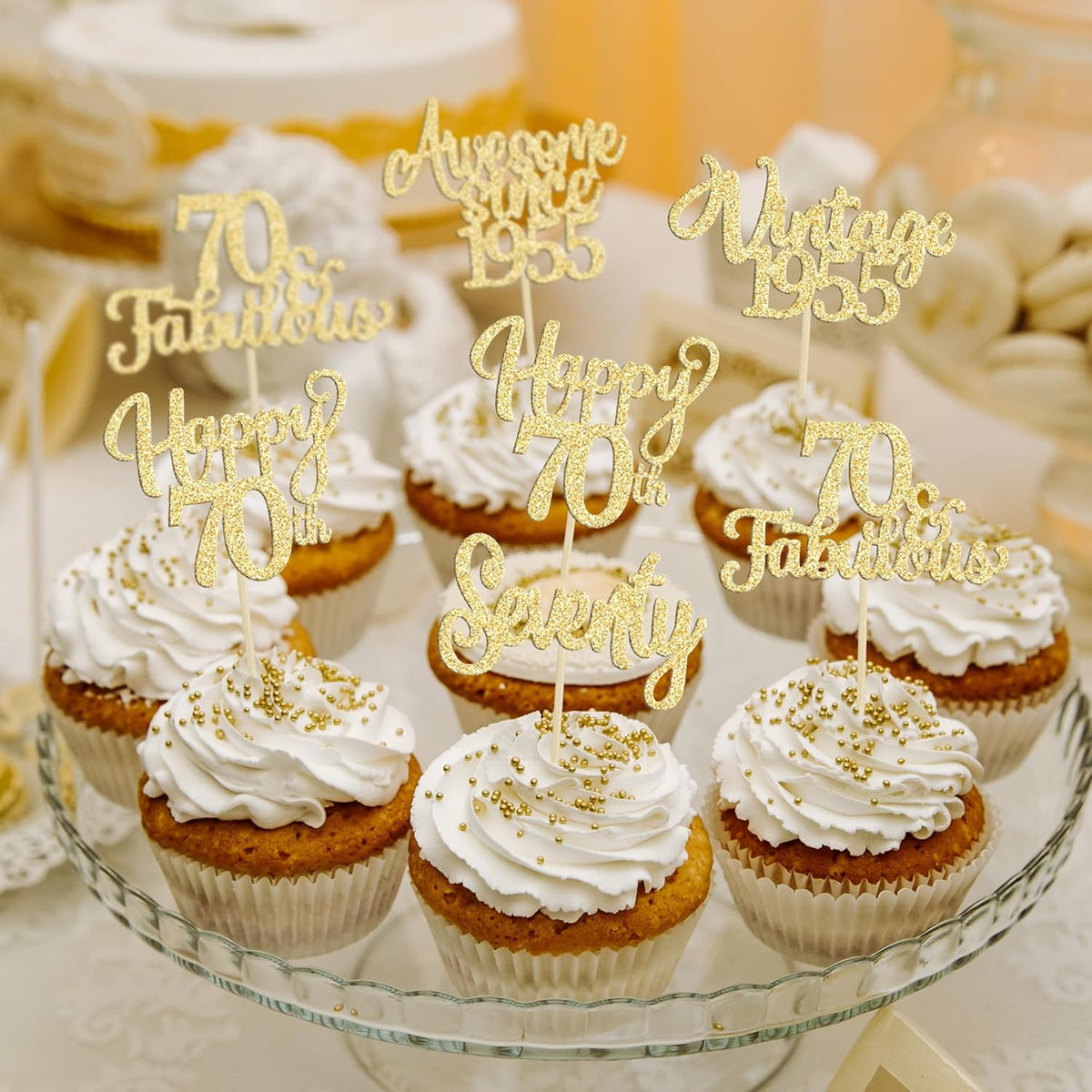 30Pcs Vintage 1955 Cupcake Toppers Glitter Seventy Happy 70th Birthday 70 Fabulous Cupcake Picks