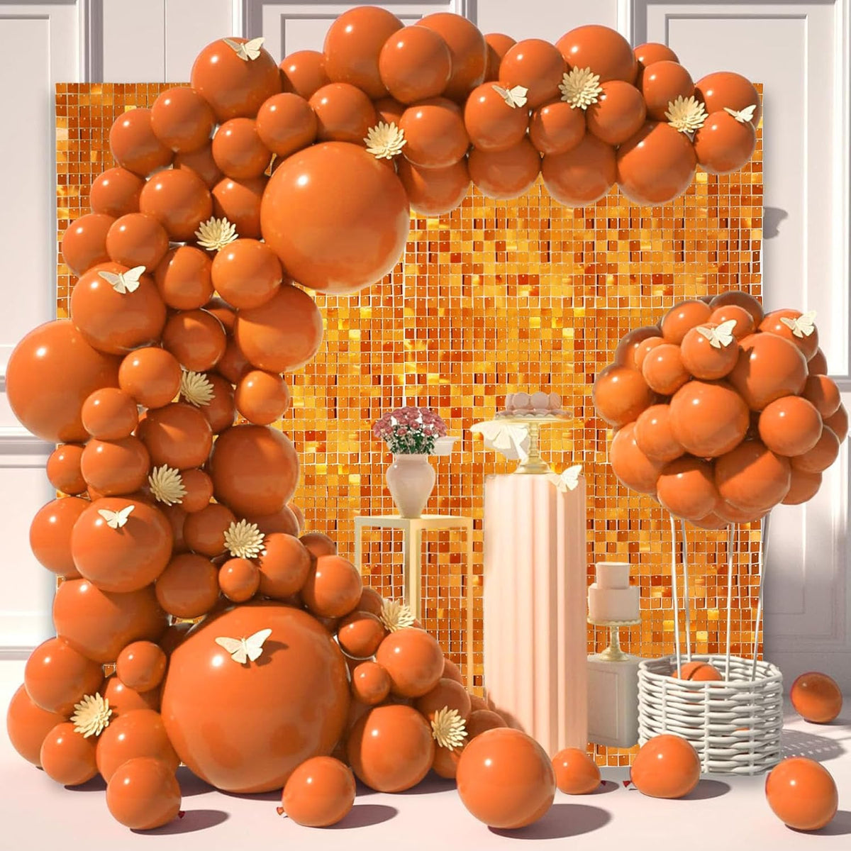 12PCS Orange Shimmer Wall Backdrop, Square Sequin Photo Backdrops Panel, Glitter Wall Background