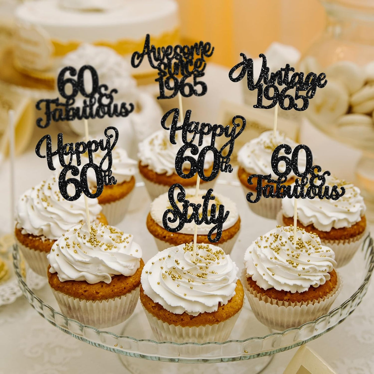 30Pcs Happy 60th Birthday Cupcake Toppers Glitter Sixty Vintage 1965 Cupcake Picks Cheers to 60