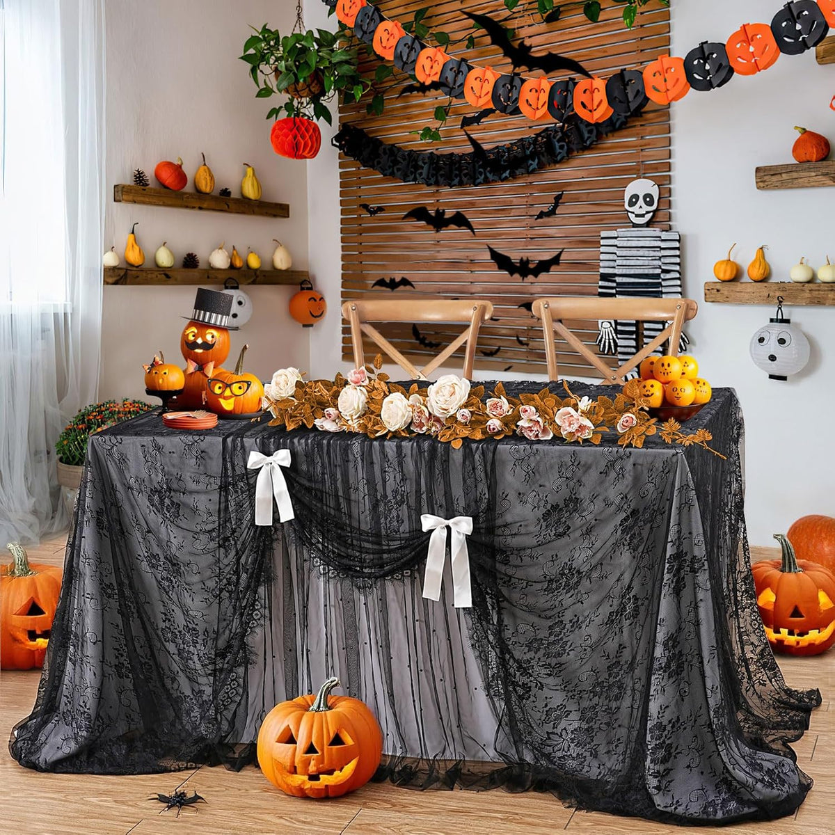Black Tablecloth Halloween Lace Table Fabric 2pcs 60x120 Inch for Scary Movies Rustic Wedding