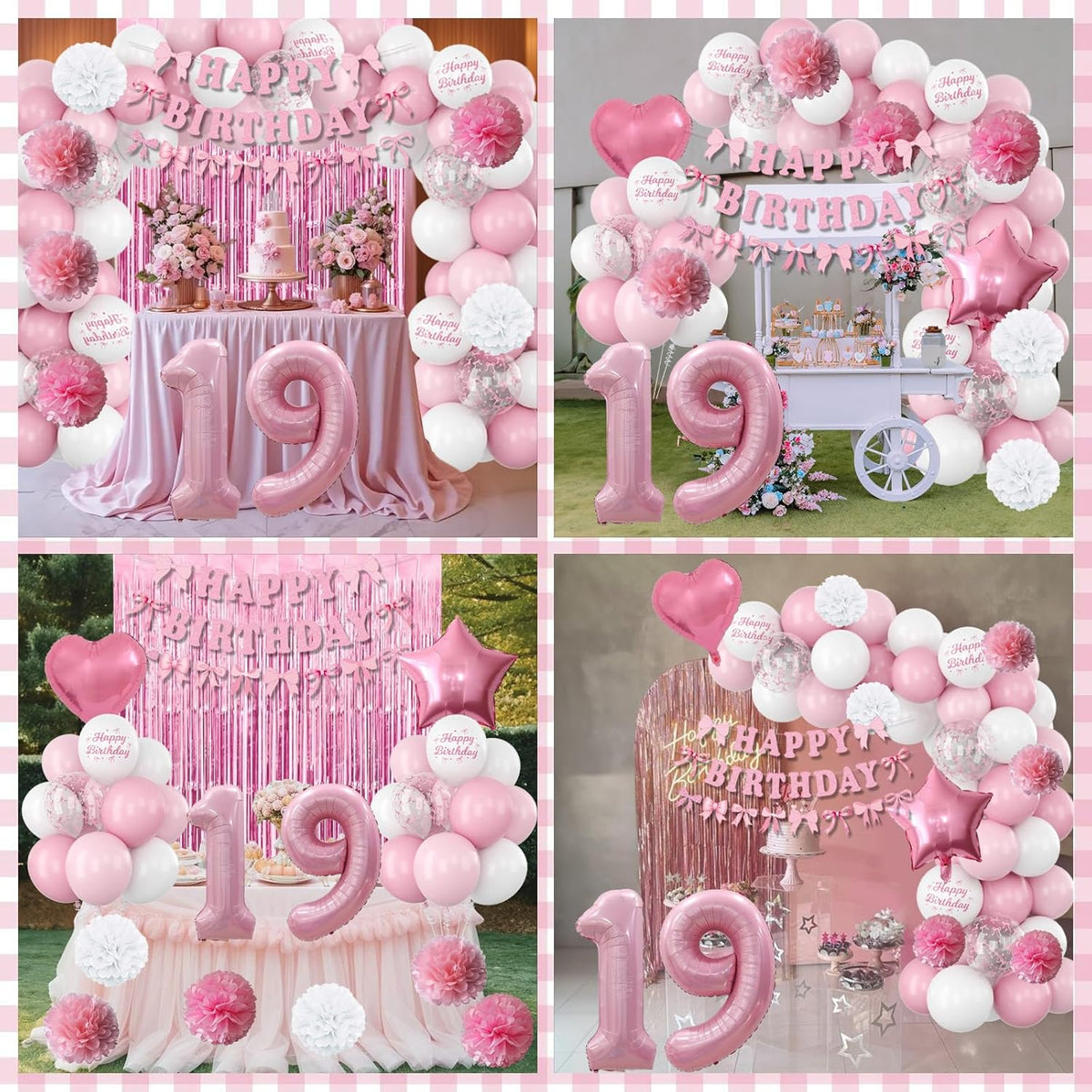 19th Birthday Decorations for Girls Pink Number 19 Balloon Bow Coquette Happy Birthday Banner