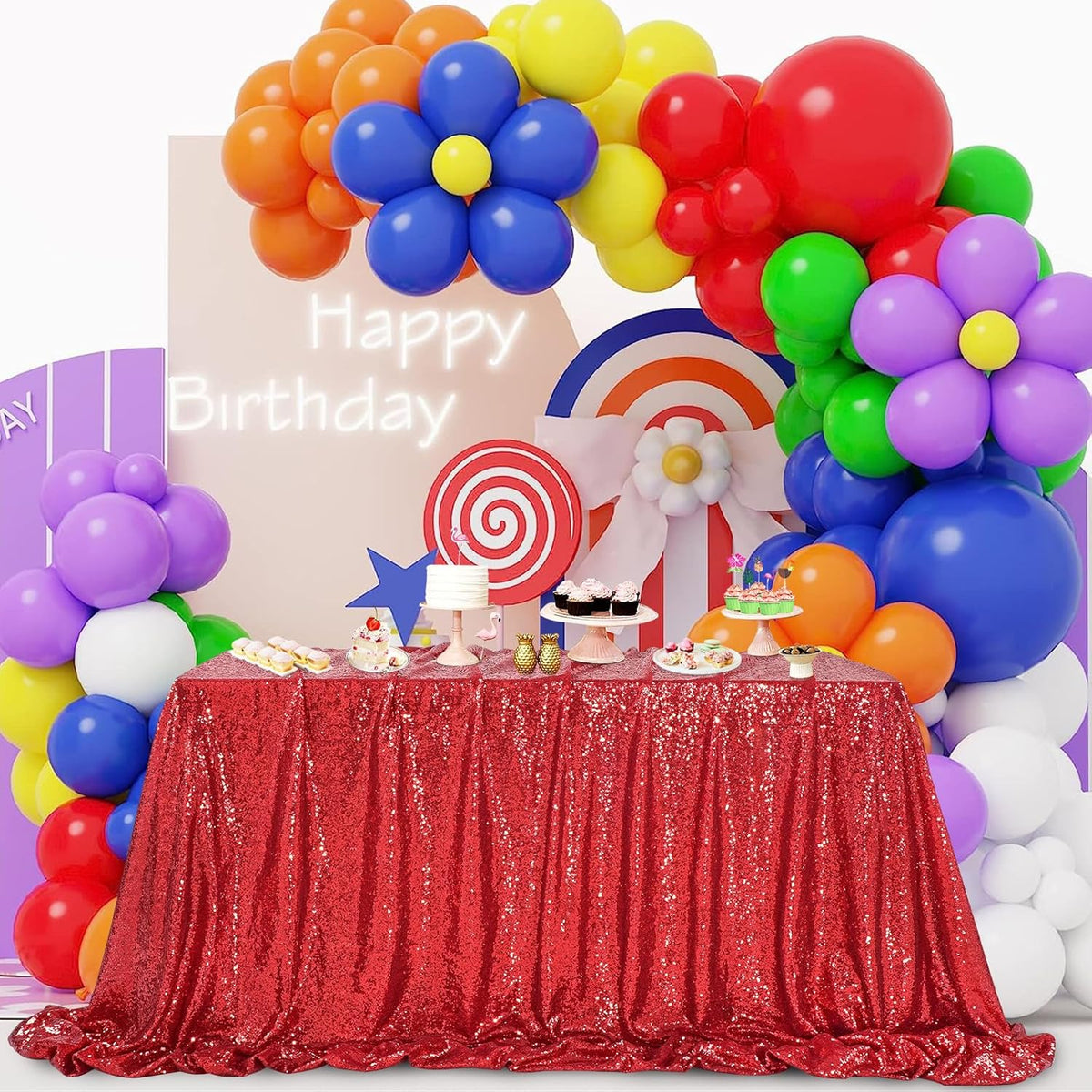 QueenDream Sequin Tablecloth 60x102 Inch Red Tablecloth Glitter Table Cloth for Bridal Shower