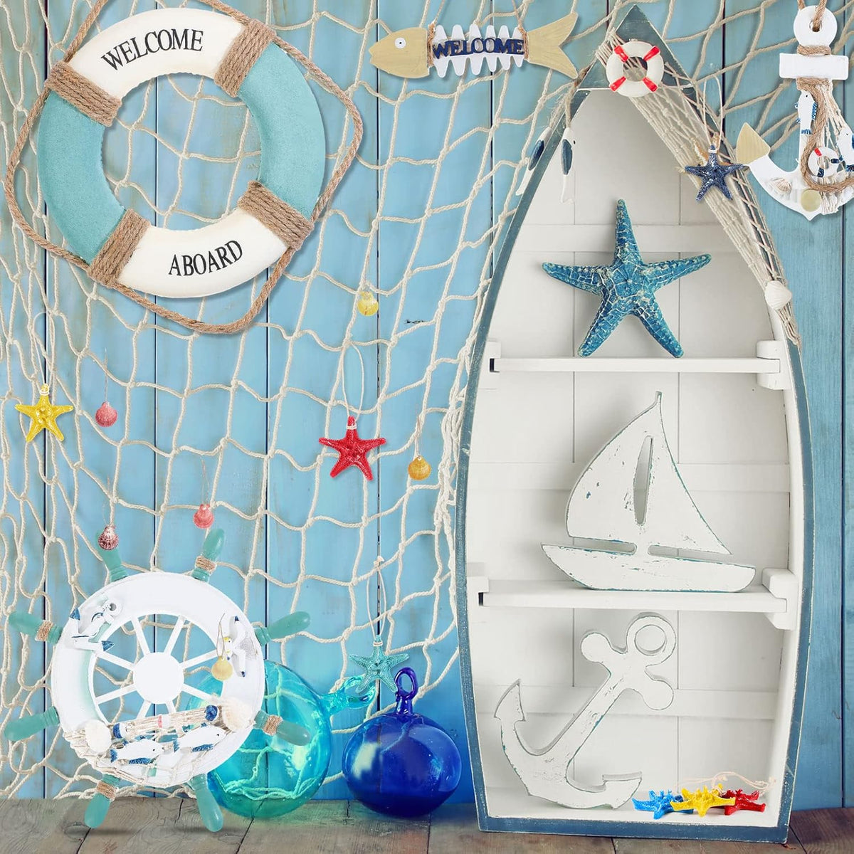 11 Pcs Wooden Nautical Wall Decor Fishing Net Decorations, Include Decorative Fishing Net, Ship