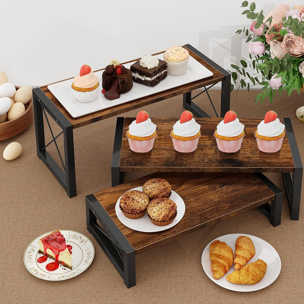 ELITEROO 3 Tier Cupcake Stand & Wood Display Risers, Dessert Stands for Cup Cake or Food, Riser