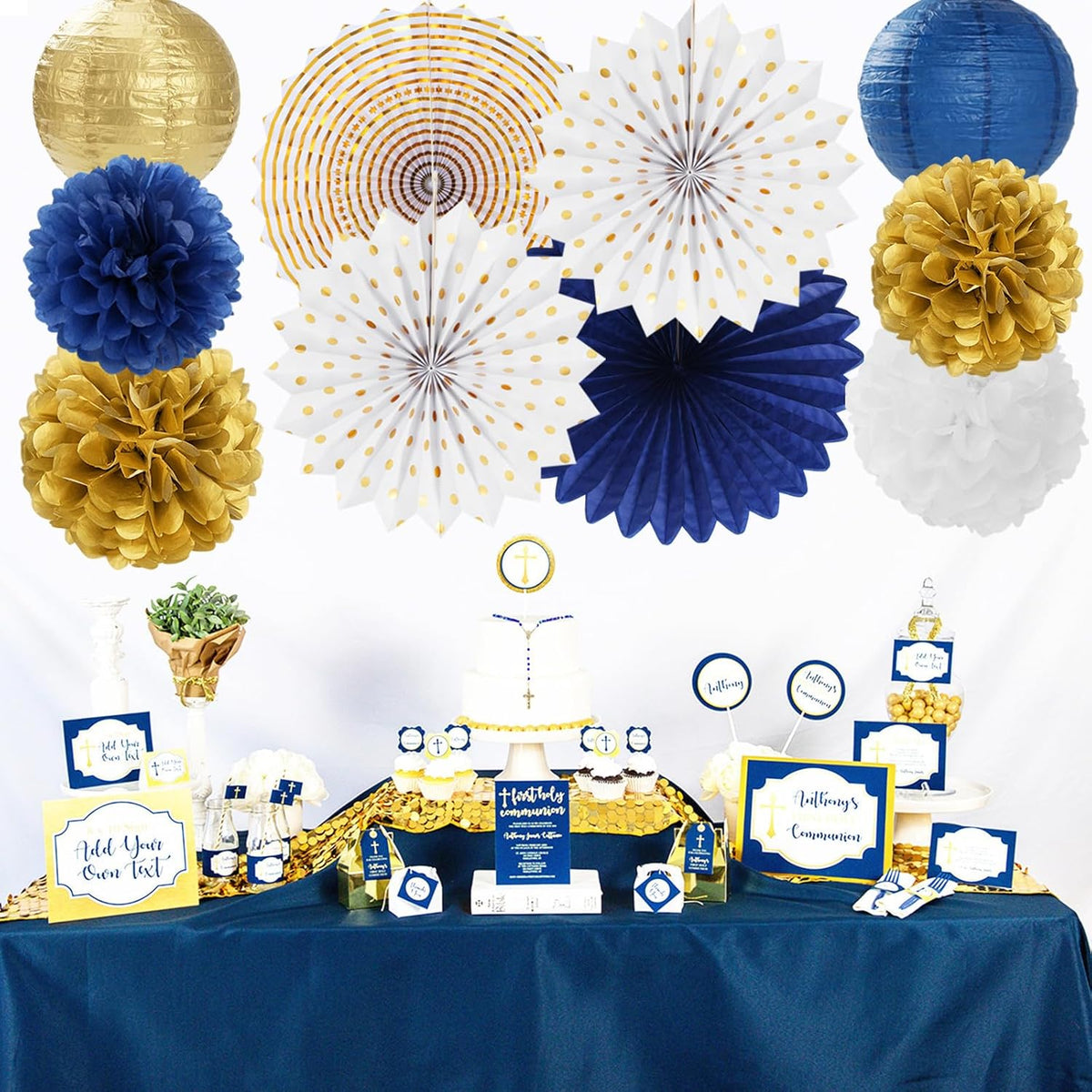 Navy-Blue White Gold Party-Decorations - 20pcs Graduation 2025 Paper Lanterns Fans,Tissue Pom