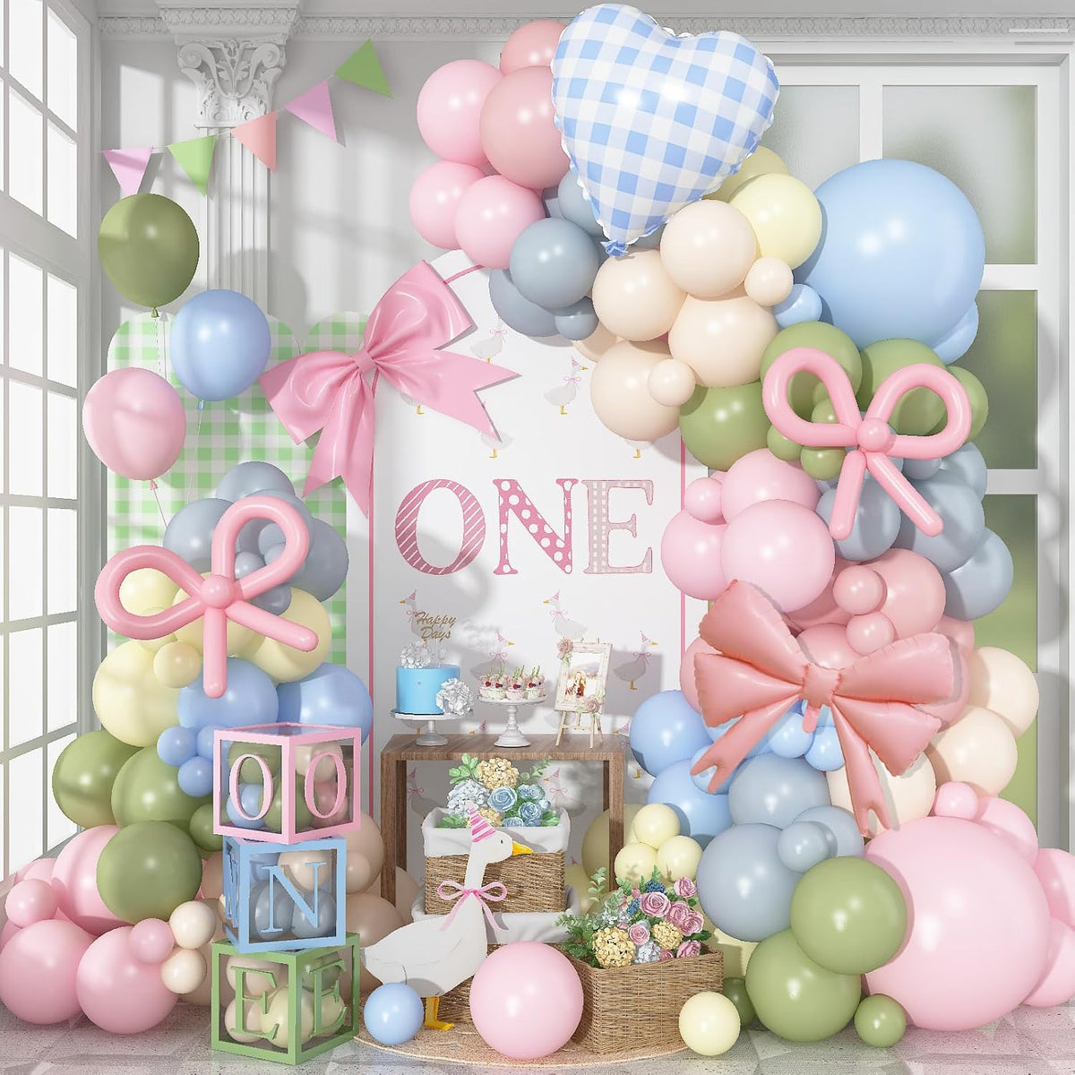 Goose Balloon Arch Kit Pastel Pink Blue Sage Green Balloons Garland with Bow Gingham Heart Foil