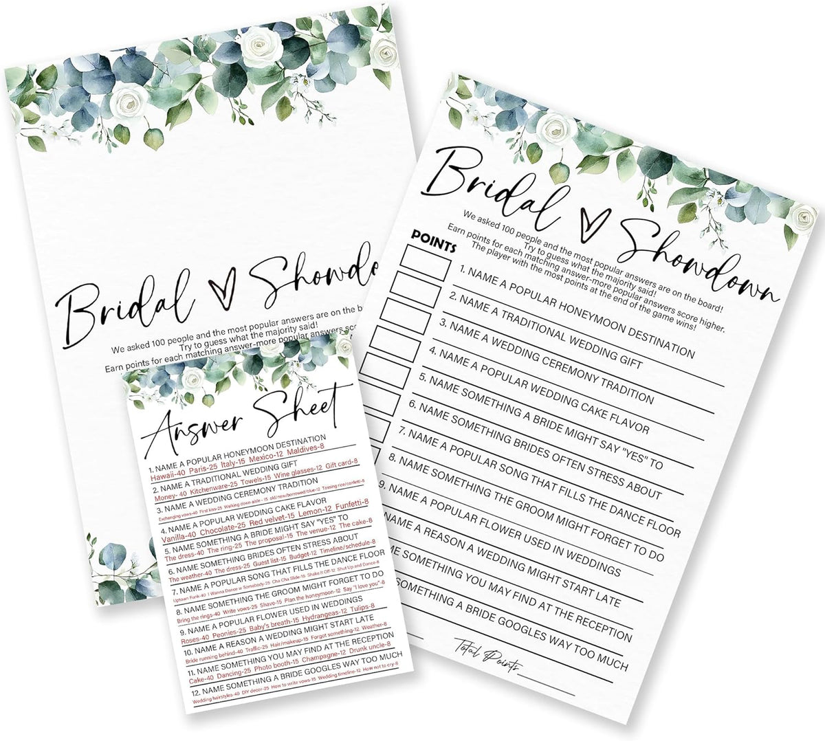 Bridal Showdown - Botanical Bridal Shower Game Cards - 50 Pcs Eucalyptus Leaves Game Cards - Funny