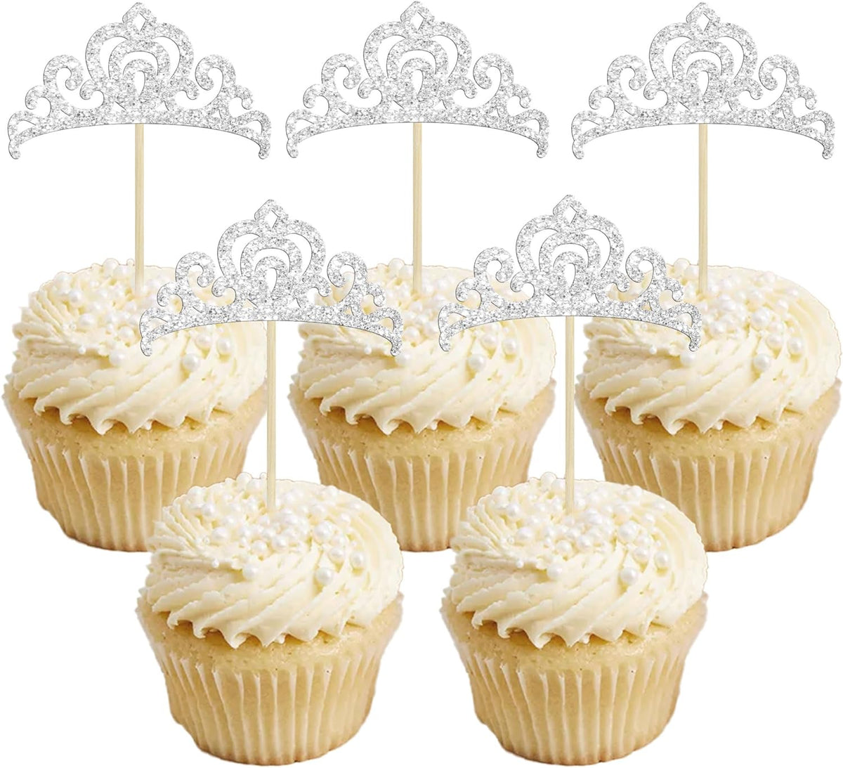 Gyufise 24Pcs Silver Princess Crown Cupcake Toppers Glitter Princess Cake Pick Decorations for