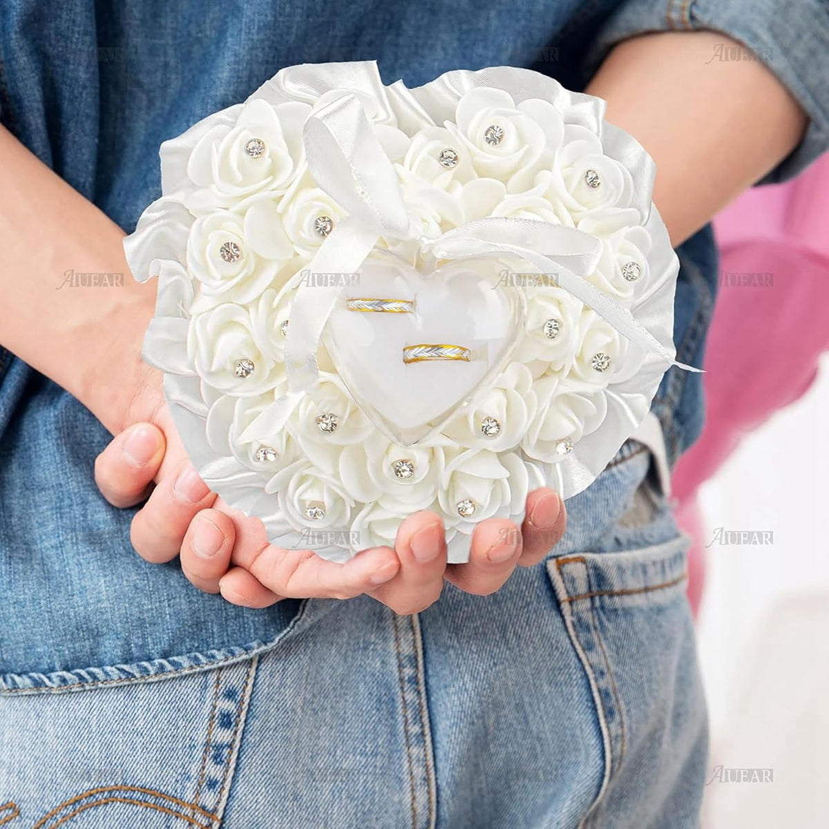 AUEAR, White Wedding Ring Holder Pillow Heart Shape Lace Rose Flower Rhinestone Crystal Box for