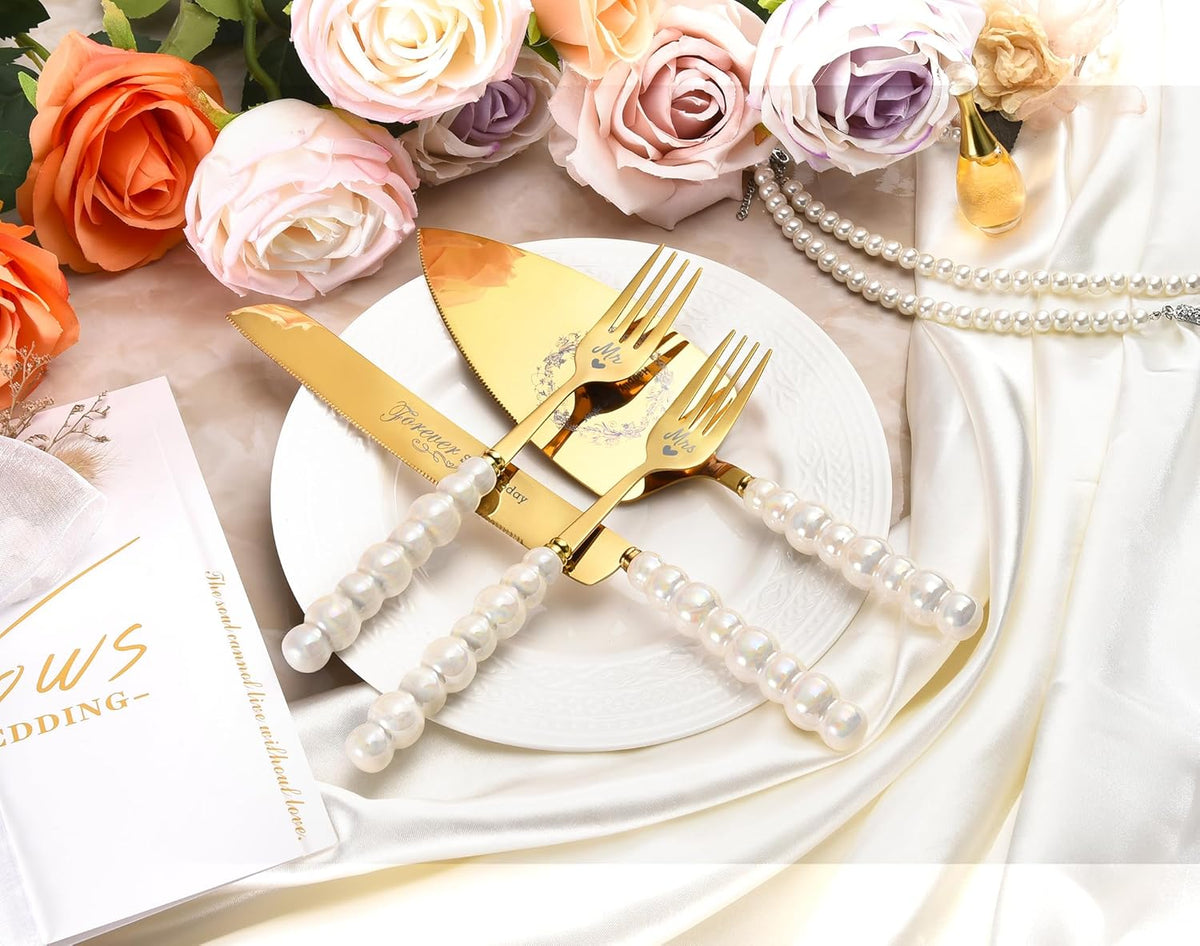Wedding Cake Knife and Server Set,Gold Cake Cutting Set for Wedding,Ceramic Pearl Handle Wedding