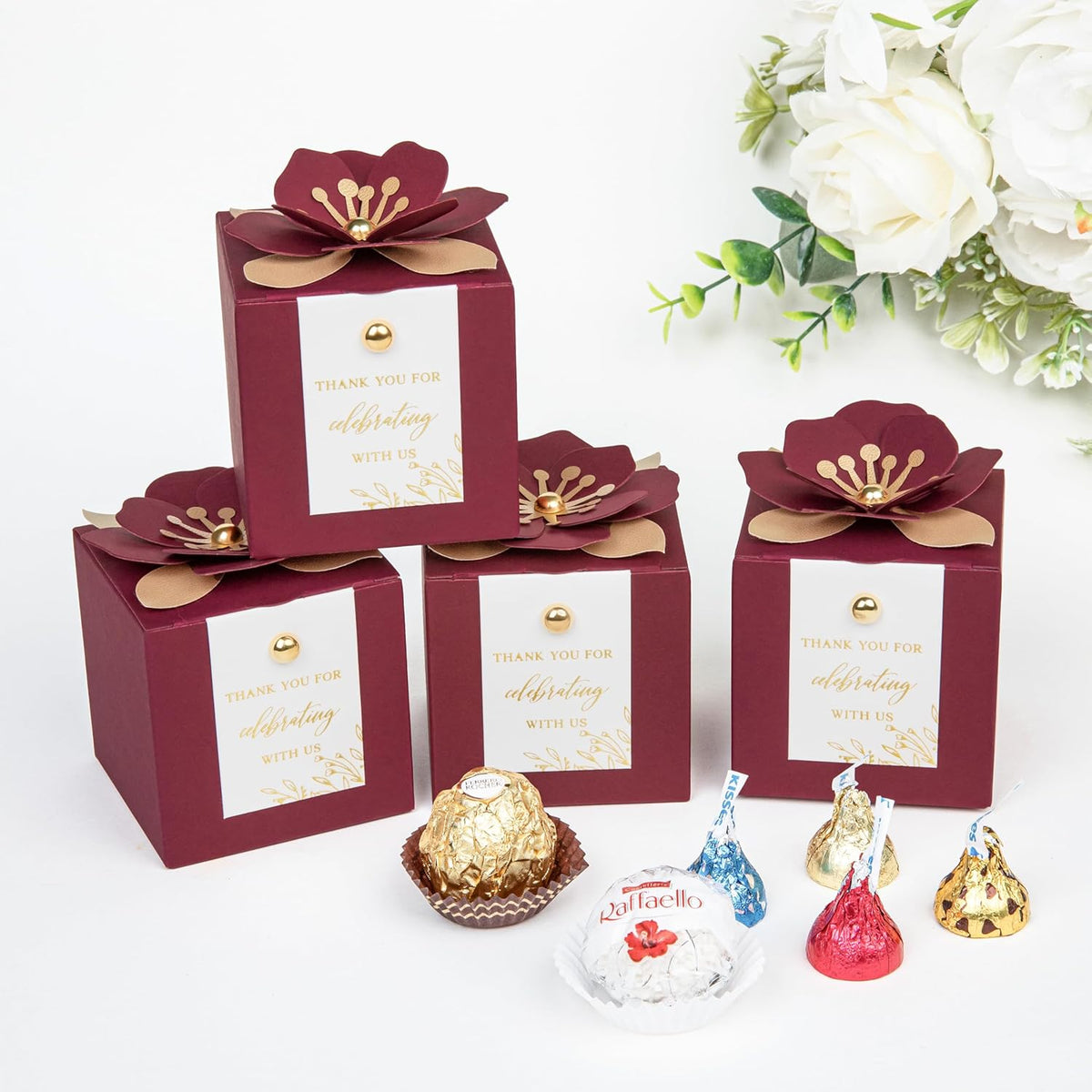 FEIYI 20 PCS Favor Boxes, 3 In 1Burgundy Candy Boxes with Floral Decor, White Thank You Tags Gold