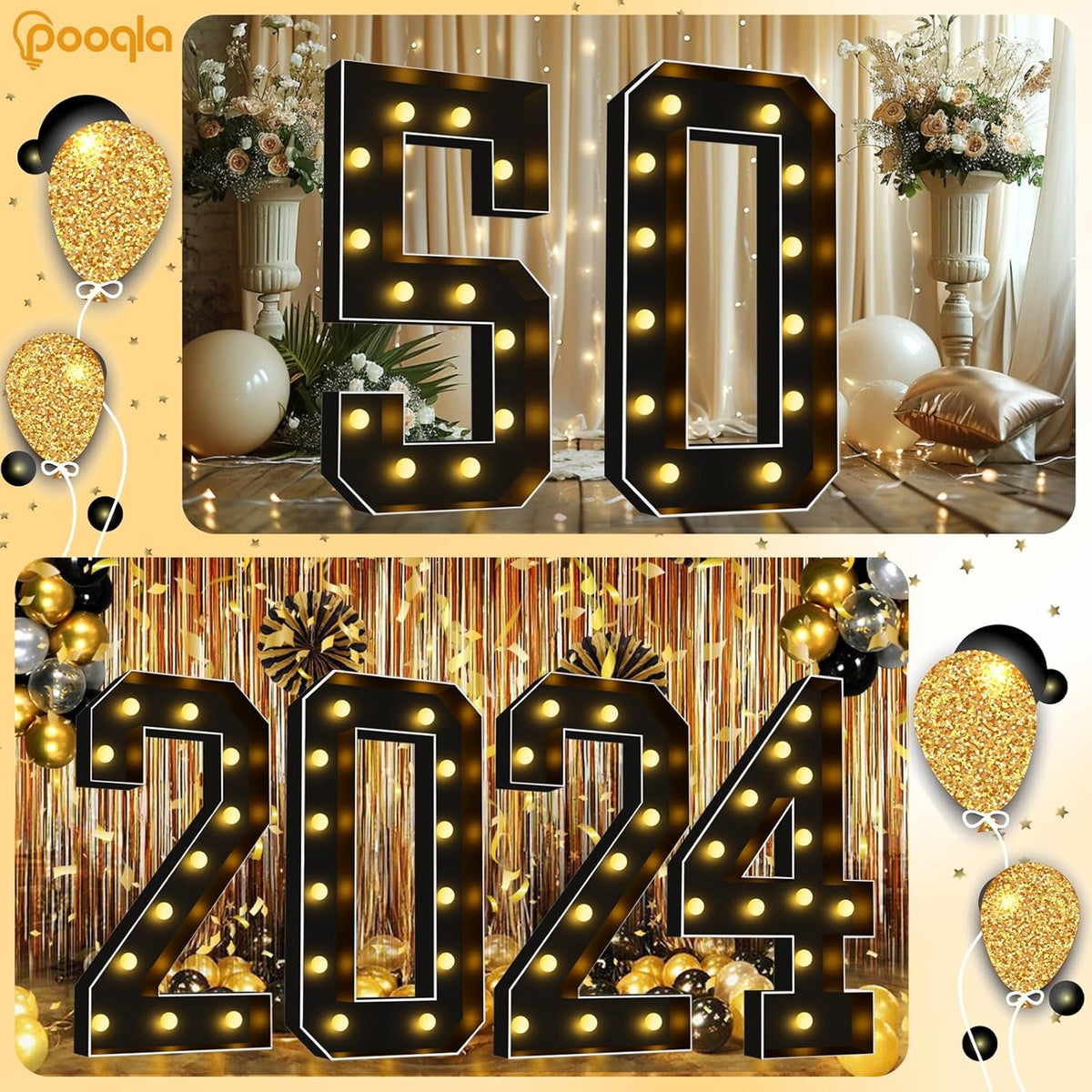 Pooqla 4 FT Light Up Marquee Numbers, Black Marquee Number Lights 4 Feet Tall for 5th 15th 50th