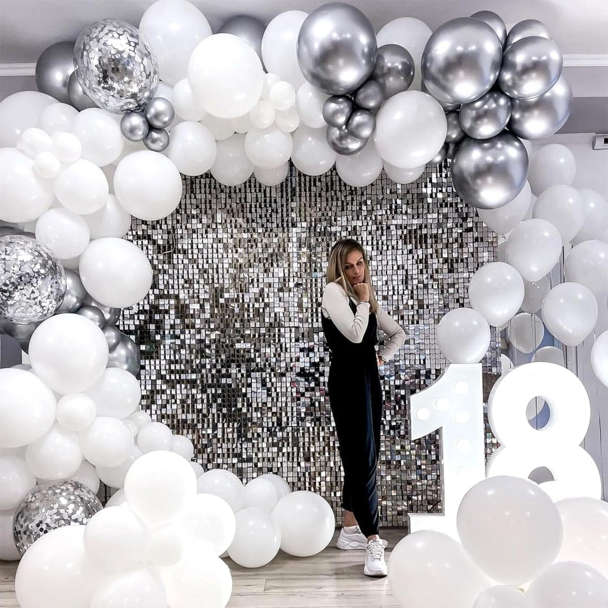 Silver and White Balloons, 12 Inch Metallic Silver White Latex Balloons Set Decor with Silver