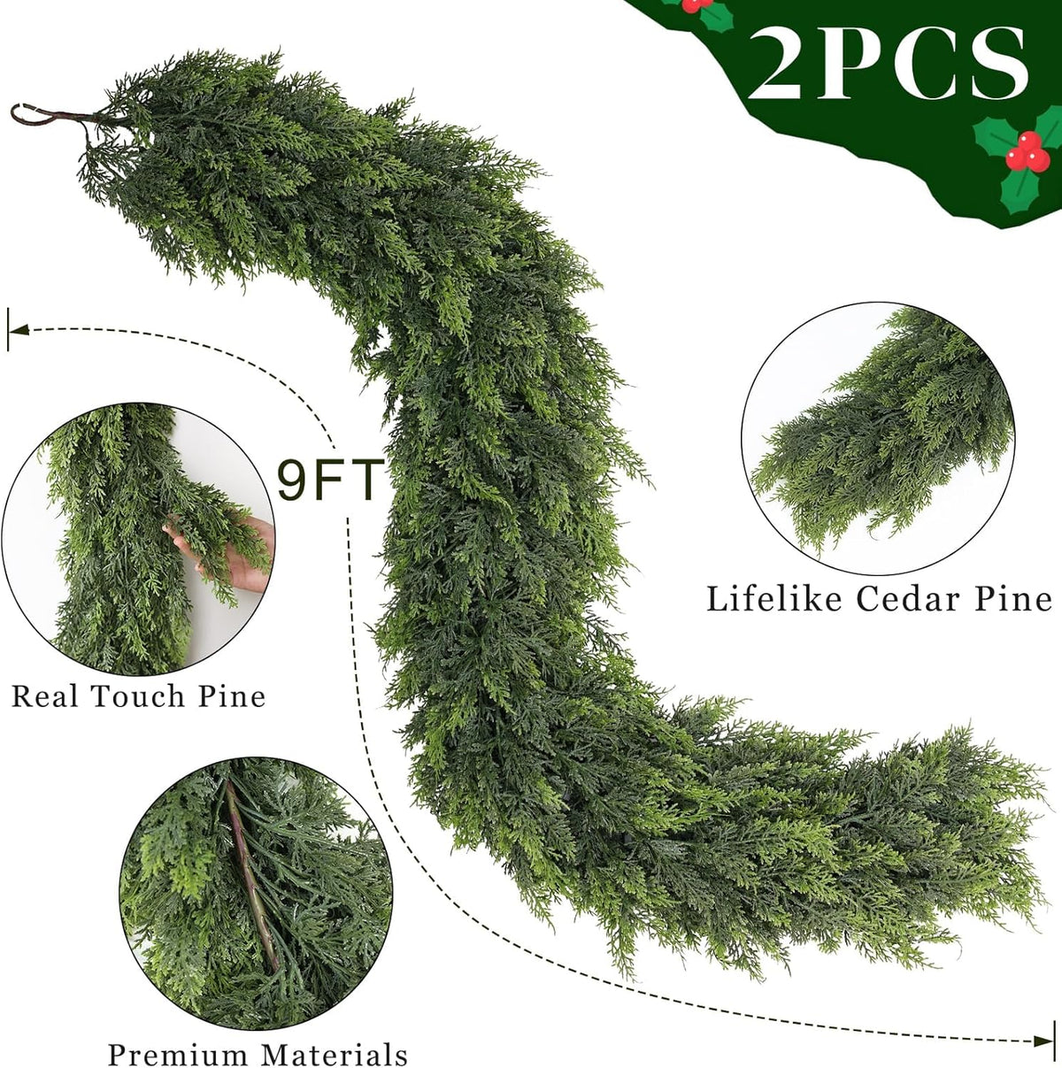 9FT Real Touch Cedar Garland - Artificial Christmas Garland Fake Green Faux Thick and Lush Pine