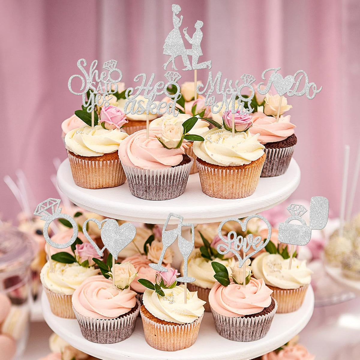 30 PCS He Asked She Said Yes Cupcake Toppers Engagement Cupcake Toppers Miss to Mrs I Do Love Heart