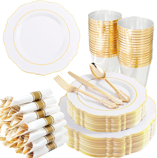Liacere 350PCS Gold Plastic Plates-Disposable White and Gold Plates 50guest Baroque Plastic