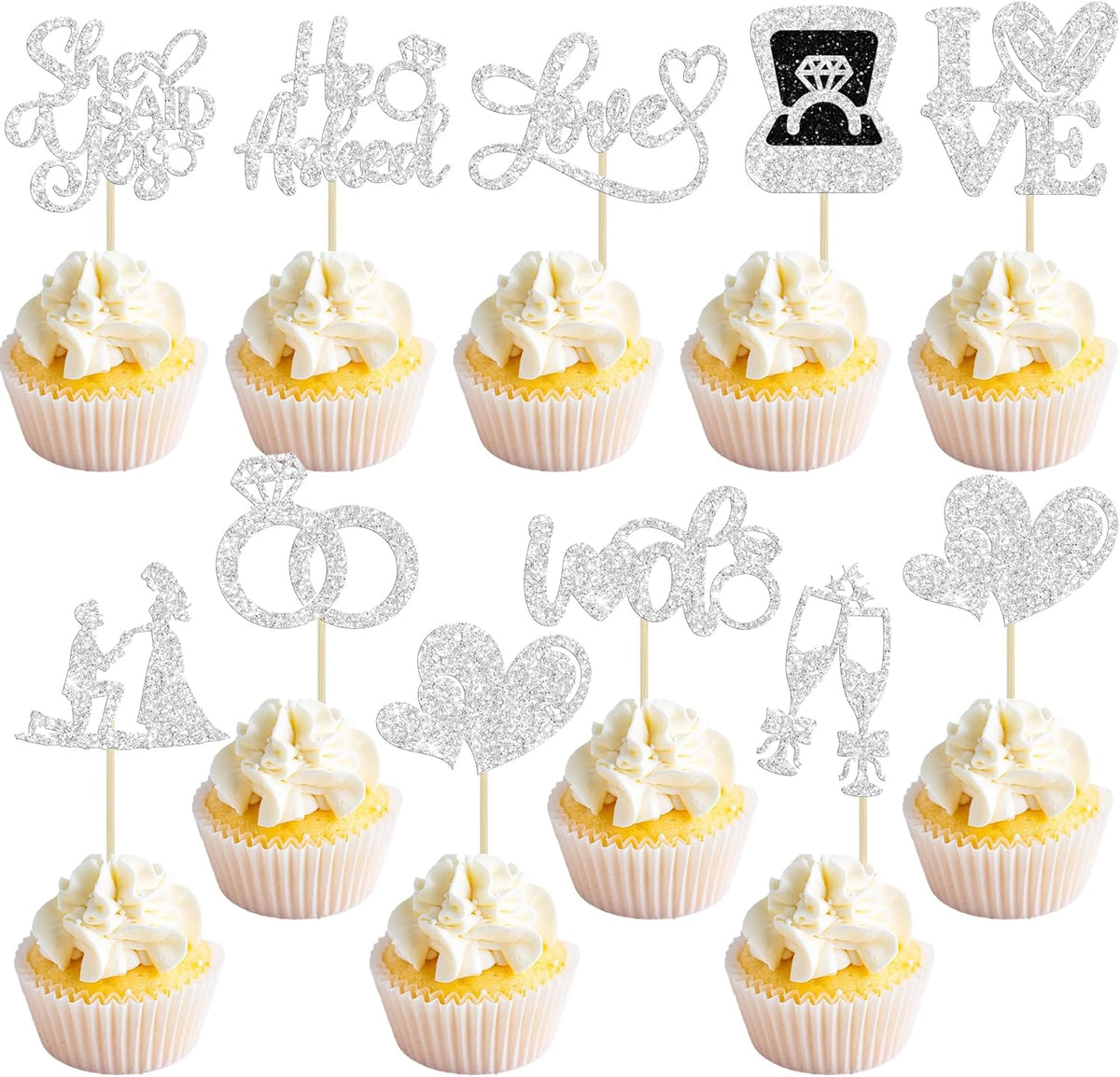 Ephlyn 30Pcs He Asked She Said Yes Cupcake Toppers Glitter Engagement Cupcake Toppers Diamond Ring