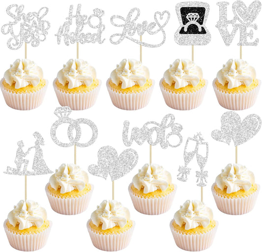 Ephlyn 30Pcs He Asked She Said Yes Cupcake Toppers Glitter Engagement Cupcake Toppers Diamond Ring