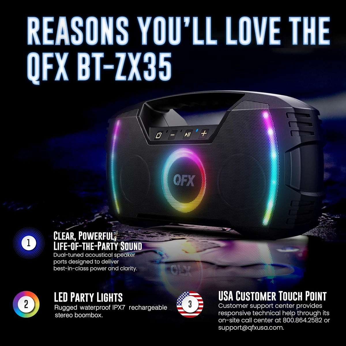 Powerful & Portable Waterproof All Terrain Bluetooth Speaker with Deep Bass, LED Party Lights, Fast