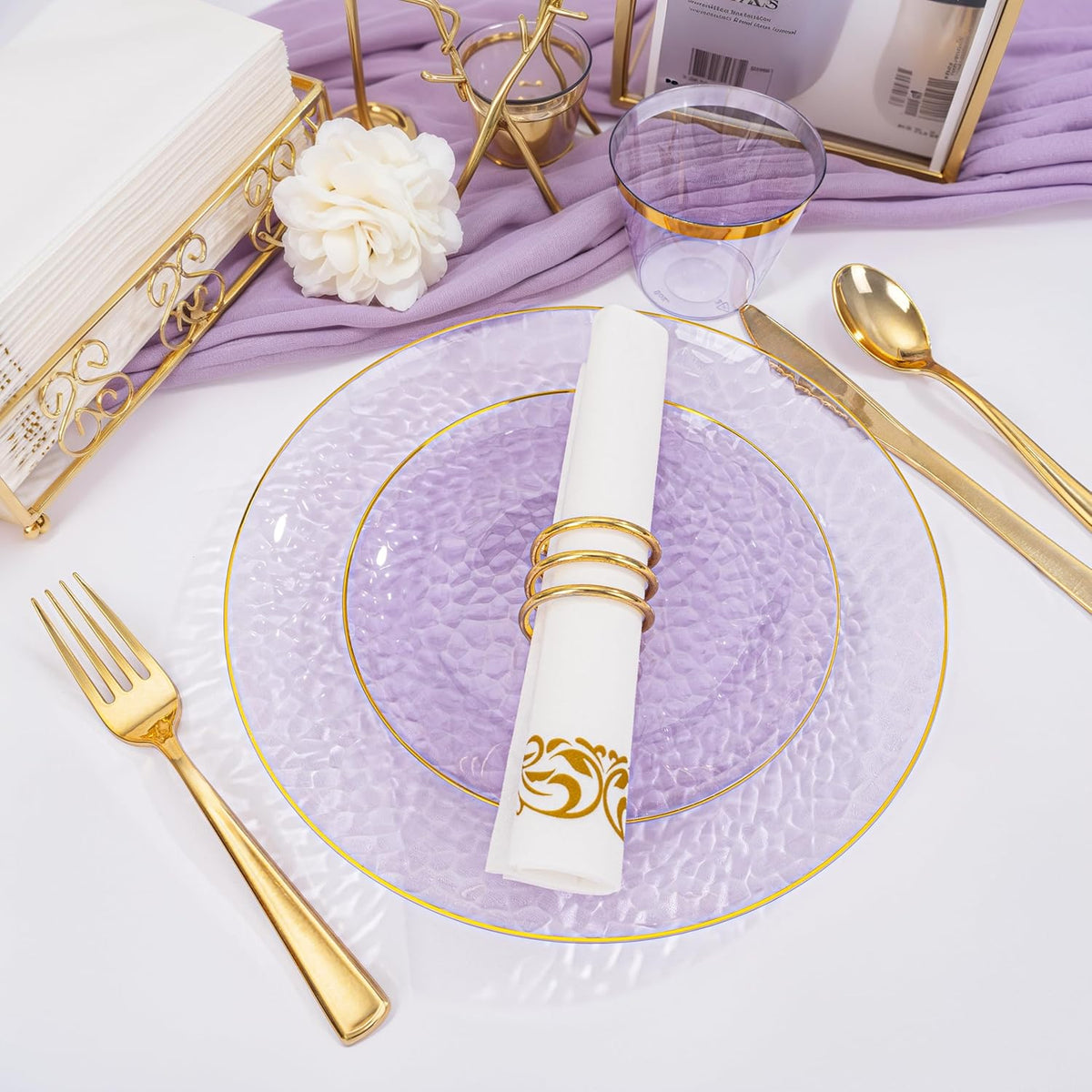Rubtlamp 175 Pcs Purple Plastic Dinnerware Set (25 Guests), Clear Purple Plates With Gold Rim