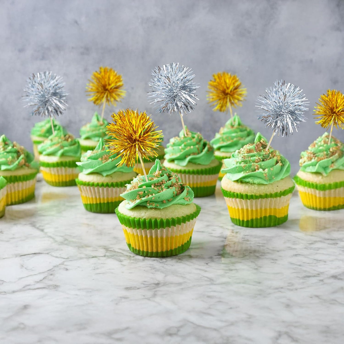 Ephlyn 30Pcs Foil Firework Cupcake Toppers Party Birthday Cake Toppers Supplies Sparkle Tinsel