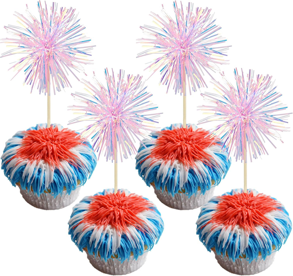 Gyufise 30Pcs Foil Firework Cupcake Toppers Sparkle Tinsel Cake Toppers Tinsel Drink Cake