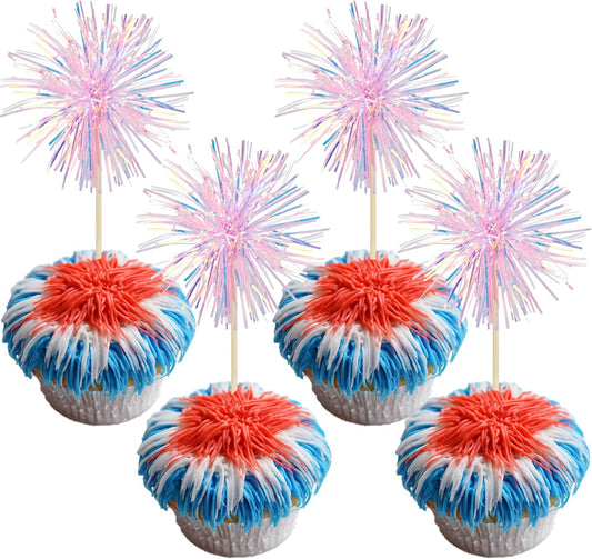 Gyufise 30Pcs Foil Firework Cupcake Toppers Sparkle Tinsel Cake Toppers Tinsel Drink Cake