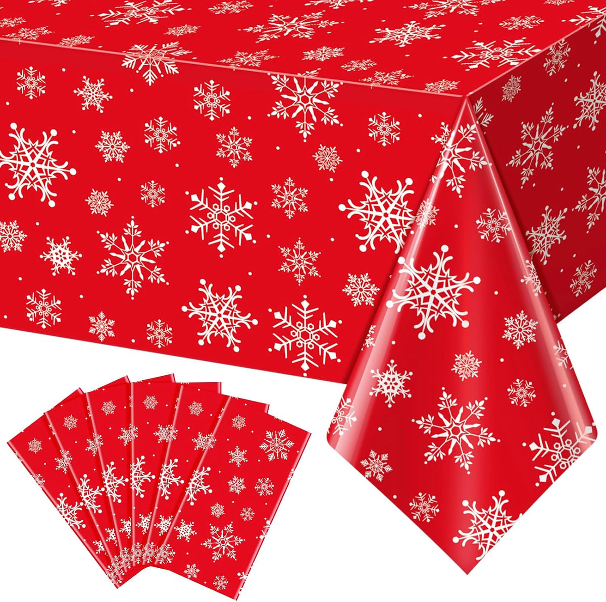 Jectivs 6 Pieces Christmas Snowflake Plastic Party Tablecloth Decorations,White Snowflake Red Xmas