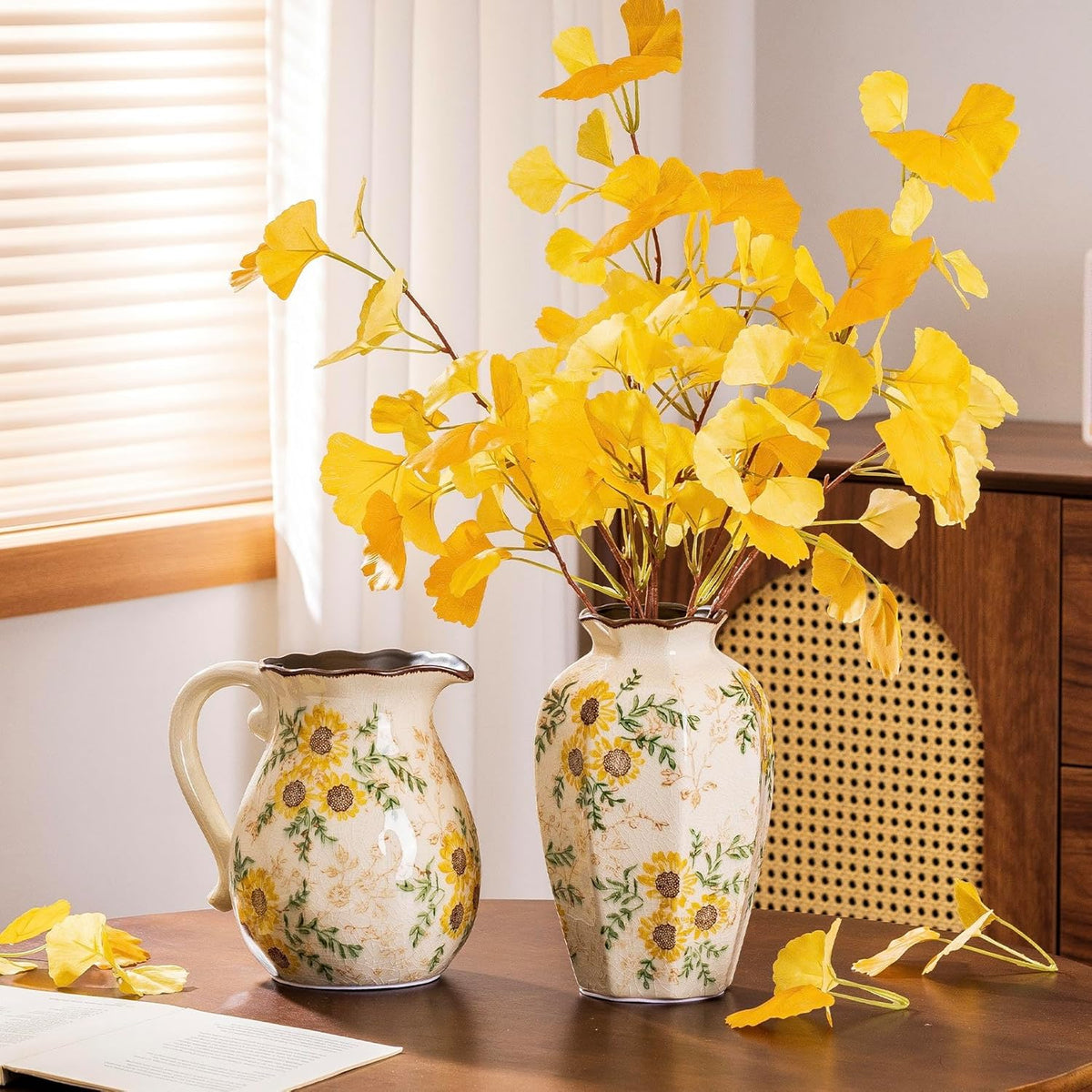 Hand-Painted Sunflower Vintage Ceramic Octagonal Vase, Green Yellow Beige Flower Vases for Bouquet