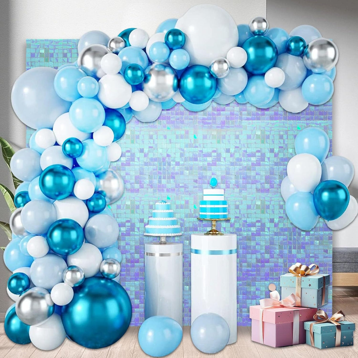 24PCS Colorful Ice Blue Shimmer Wall Backdrop, Square Sequin Photo Backdrops Panel, Glitter Wall