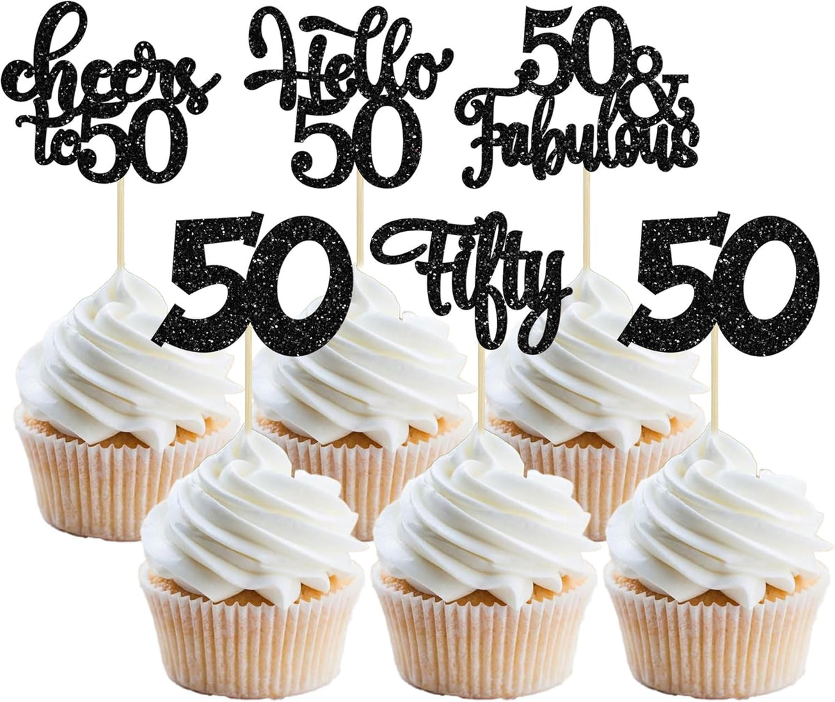 30Pcs Happy 50th Birthday Cupcake Toppers Black Glitter Fifty Cheers to 50 Years Old Birthday