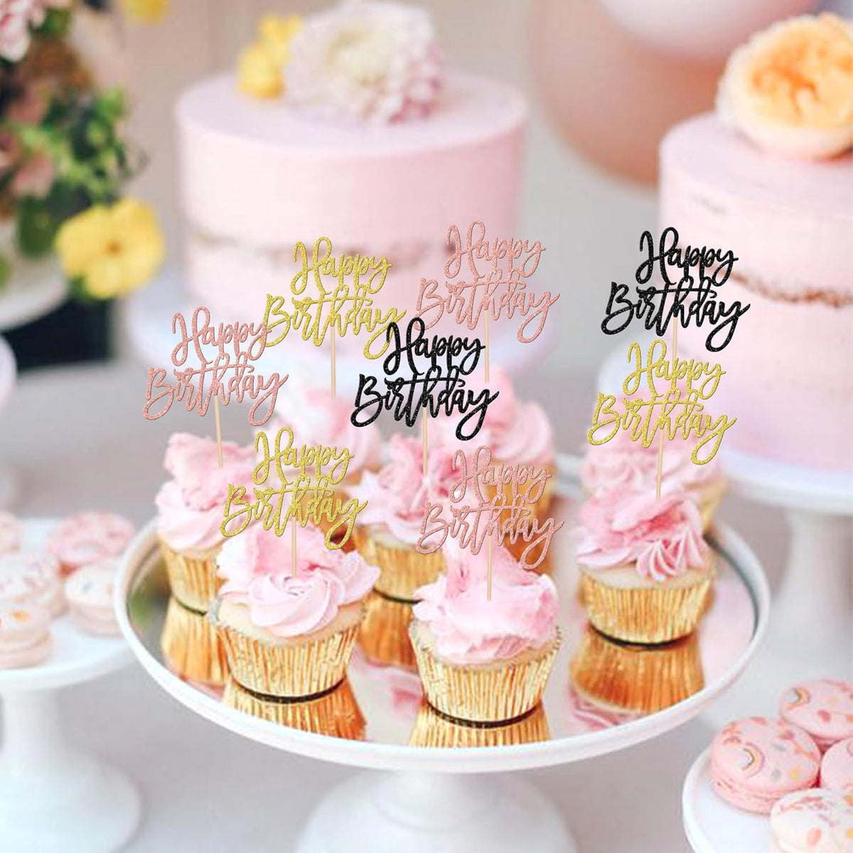 24 PCS Happy Birthday Cupcake Toppers Glitter Happy Birthday Cupcake Picks for Celebrating