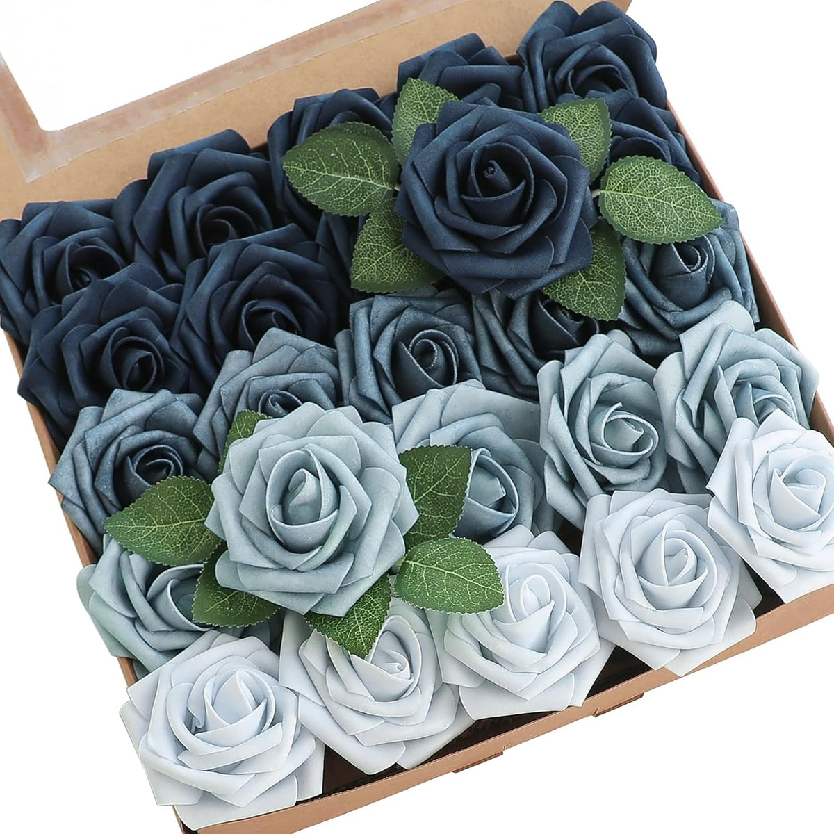 Floroom Artificial Flowers 25pcs Real Looking Blue Ombre Colors Foam Fake Roses with Stems for DIY