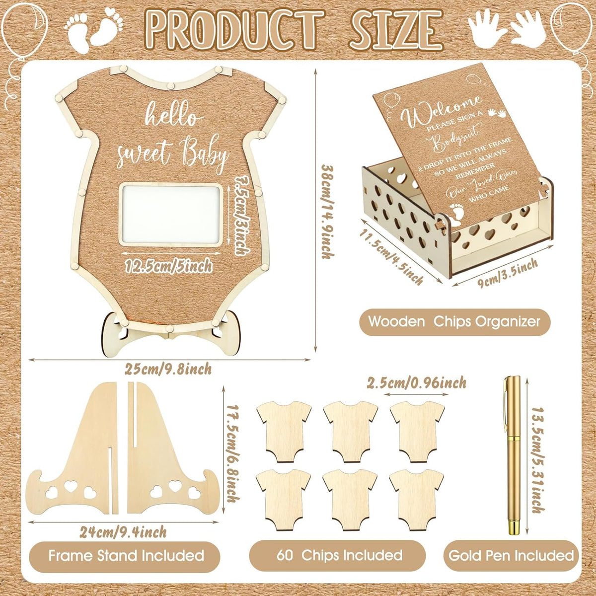 Wenqik 63 Pcs Bodysuit Baby Shower Guest Book Alternatives Set Baby Shower Decorations with Photo
