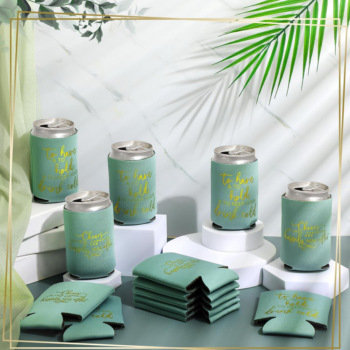 50 Pieces Green Wedding Can Cooler Bulk Engagement Party Favors for Guests Cheers to Love Laughter
