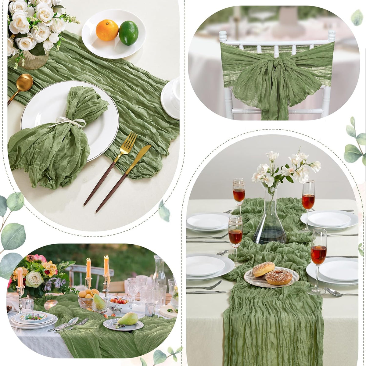 12 Pack Sage Green Cheesecloth Table Runner 10FT Long Boho Gauze Table Runner Rustic Sheer Runner