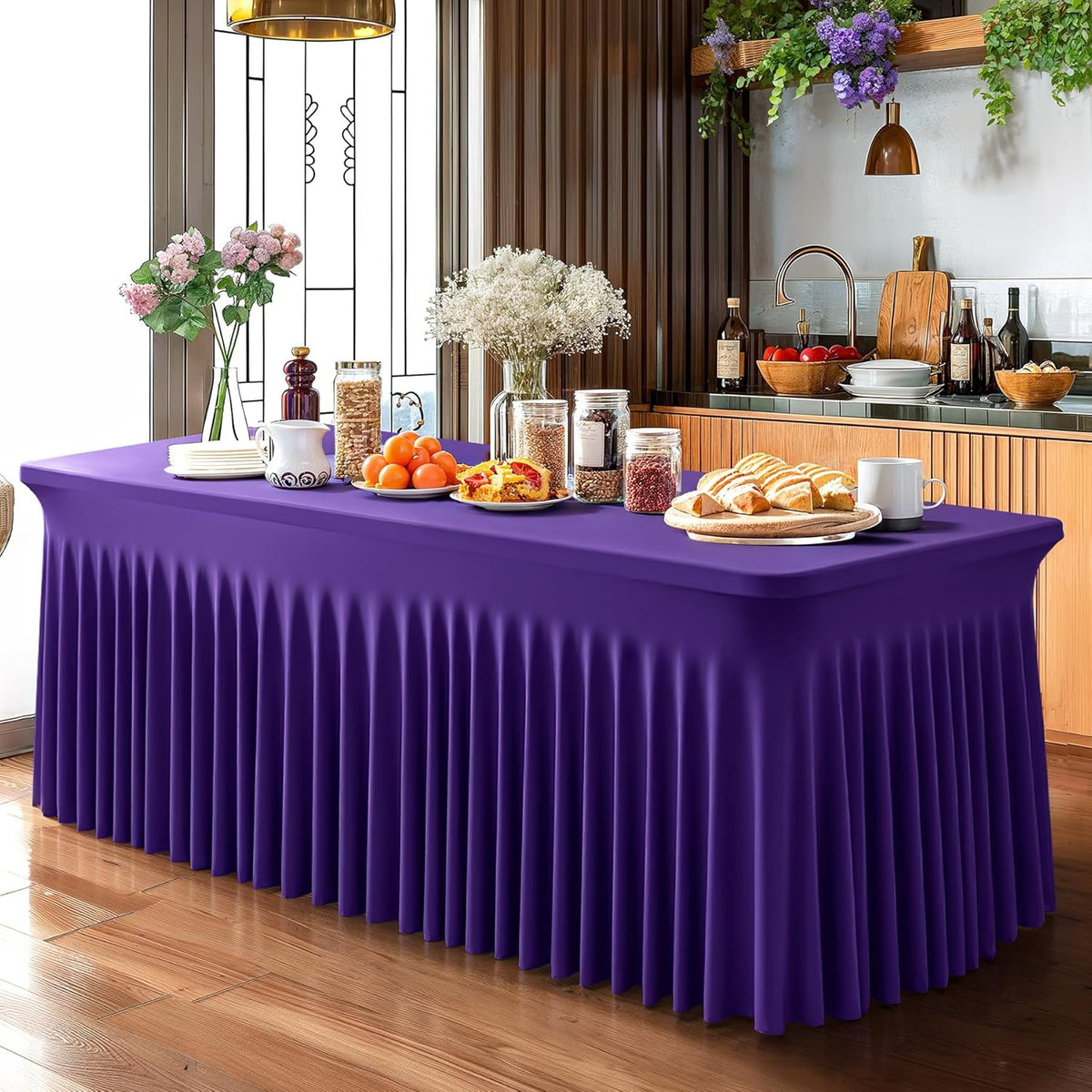 6 Pack Dark Purple Spandex Table Clothes for 8 Foot Rectangle Tables, 8FT Wrinkle Free Fitted