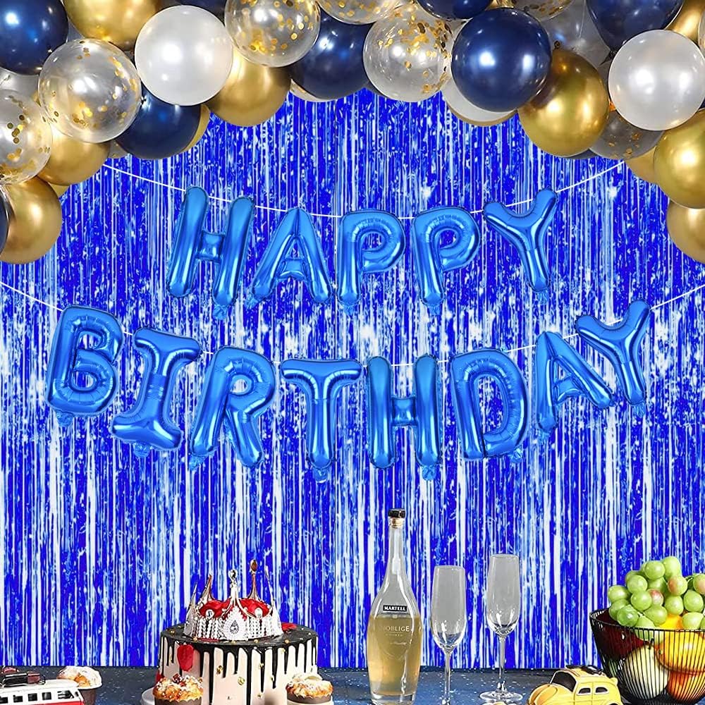 3 Pcs Blue Tinsel Foil Fringe Curtains,3.28ft x 6.56ft Gold Photo Booth Backdrop Streamer