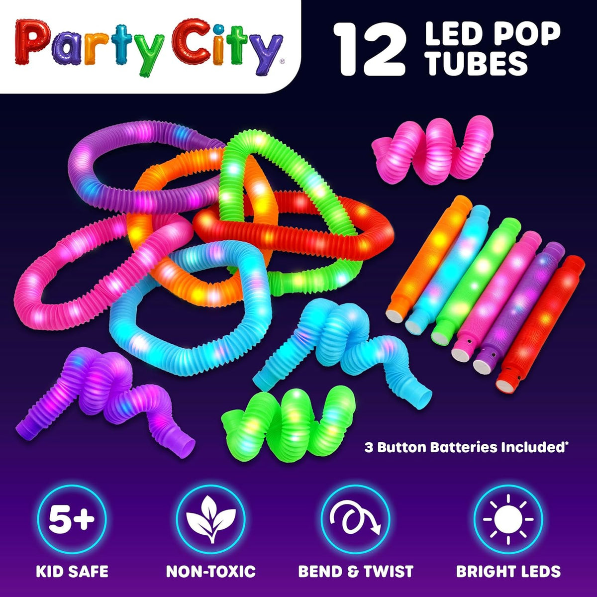 Party City 12pk LED Light Up Pop Tubes 25”- 3 Mode Stretchy Tubes LED Light Up Toys Bulk Glow