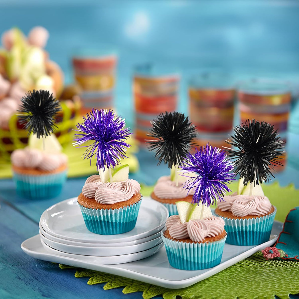 Gyufise 30Pcs Foil Firework Cupcake Toppers Sparkle Tinsel Cake Toppers Tinsel Drink Cake