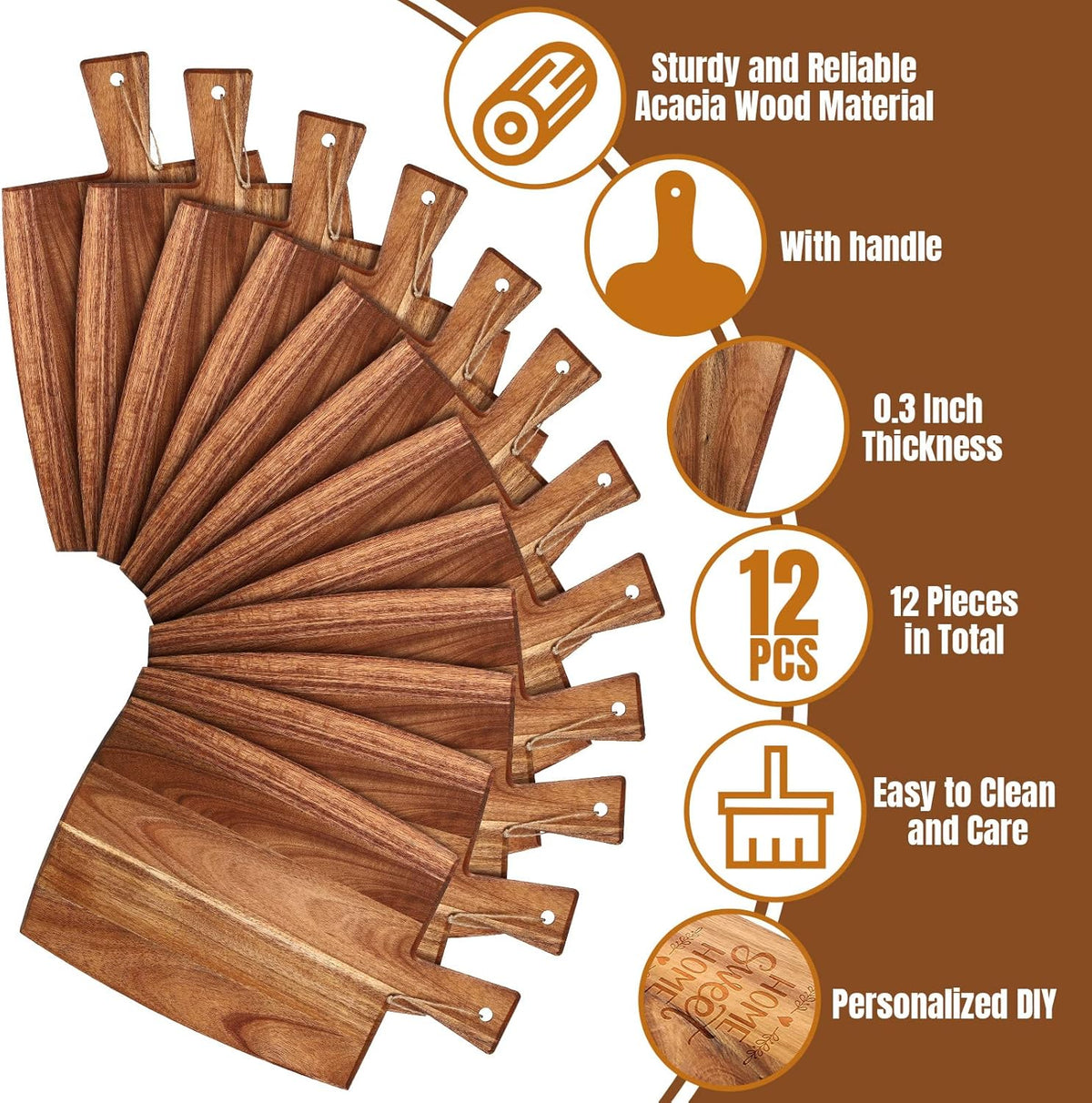 Patelai 12 Packs Wooden Cutting Board Set with Handles Large Kitchen Serving Plain Chopping Board
