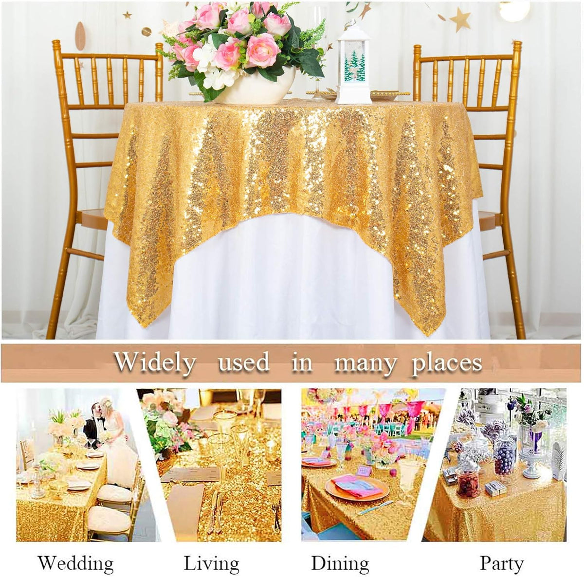 ShinyBeauty Gold Tablecloths 36X36 Inch, 2 Pieces Sequin Table Cloth for Party Sparkle Tablecloth
