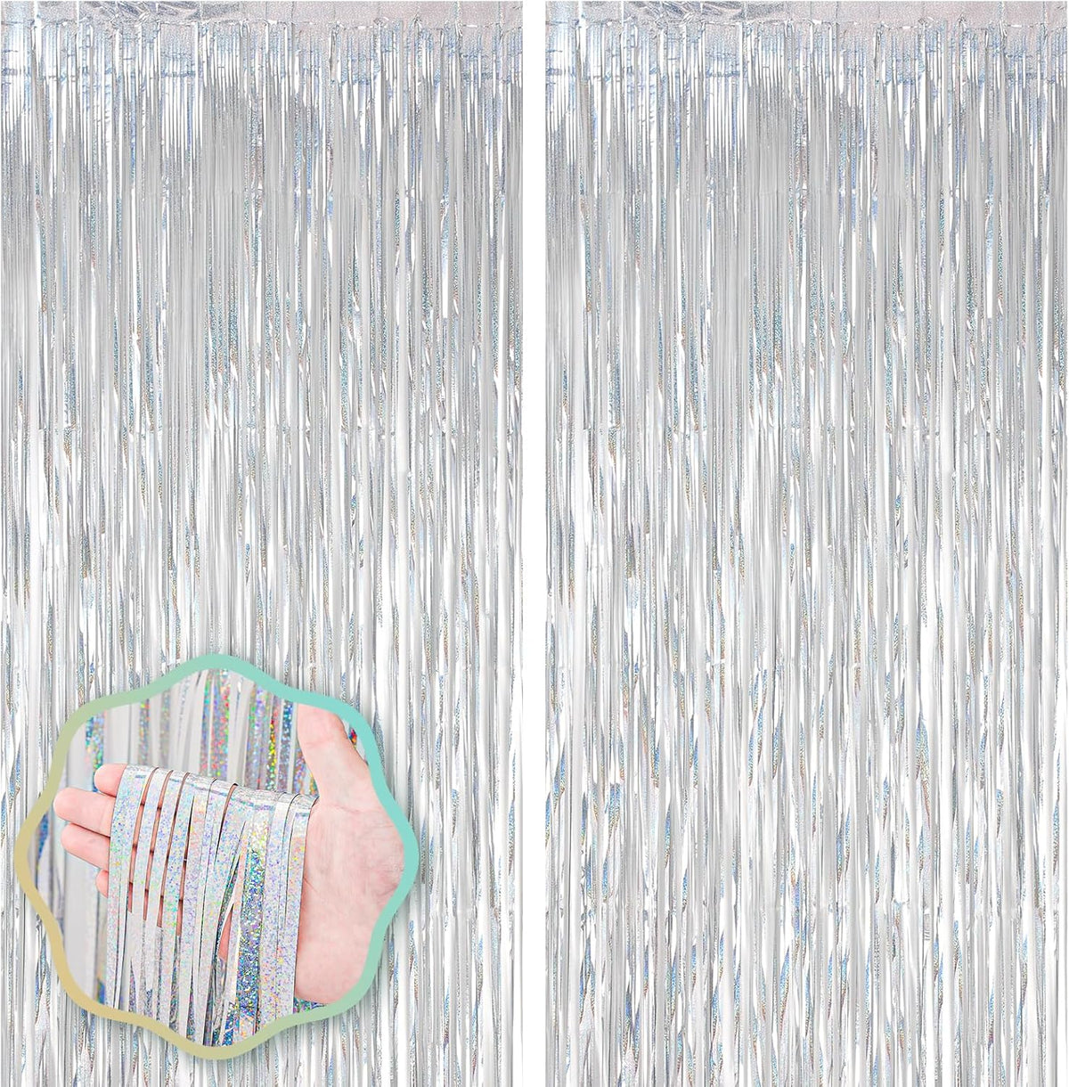 2 Pack Laser Silver Foil Fringe Backdrop Curtains, Tinsel Streamers Birthday Party Decorations
