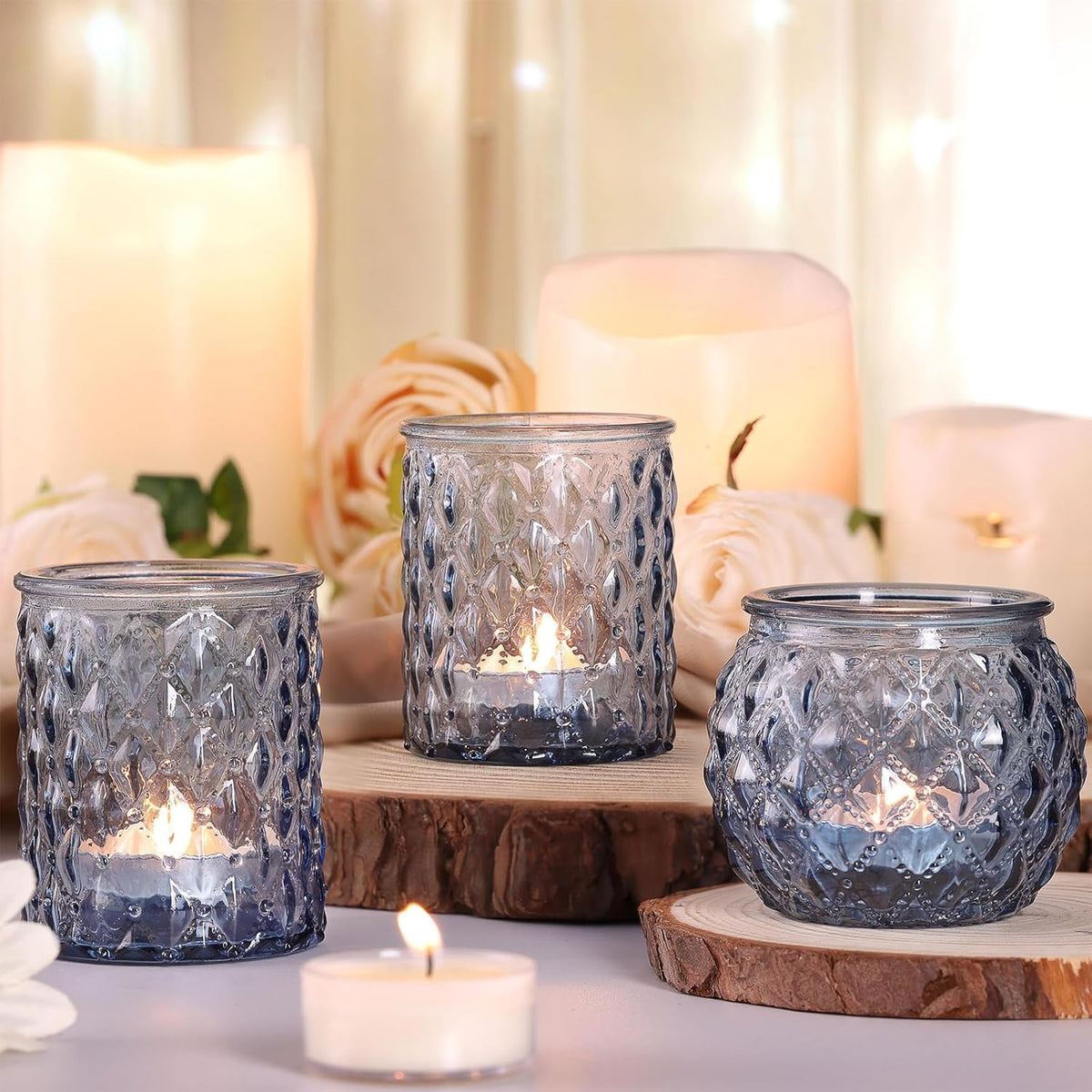 12pcs Assorted Blue Votive Candle Holders, Tea Lights Candle Holder for Wedding Decor, Blue Candle